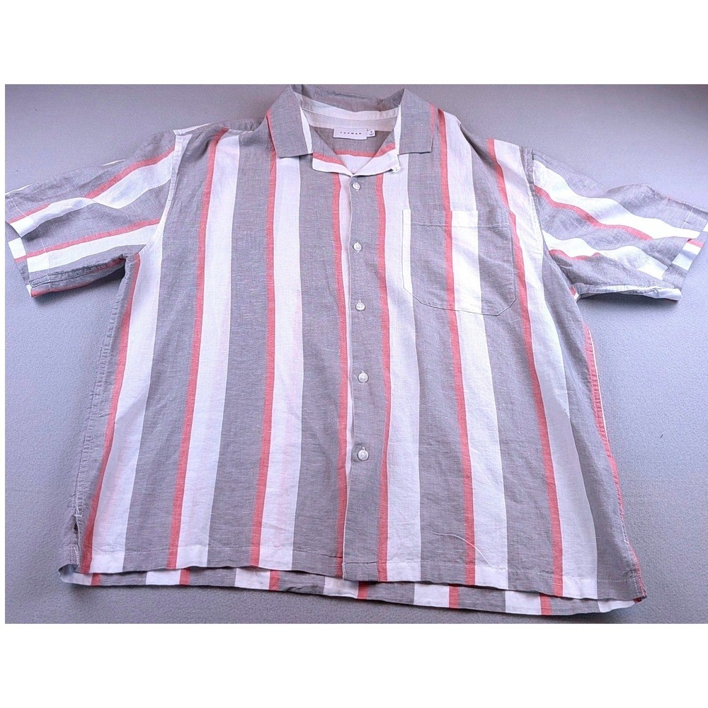Topman Mens XL Striped Short Sleeve Button Up Shirt Cotton Linen Grey Pink White